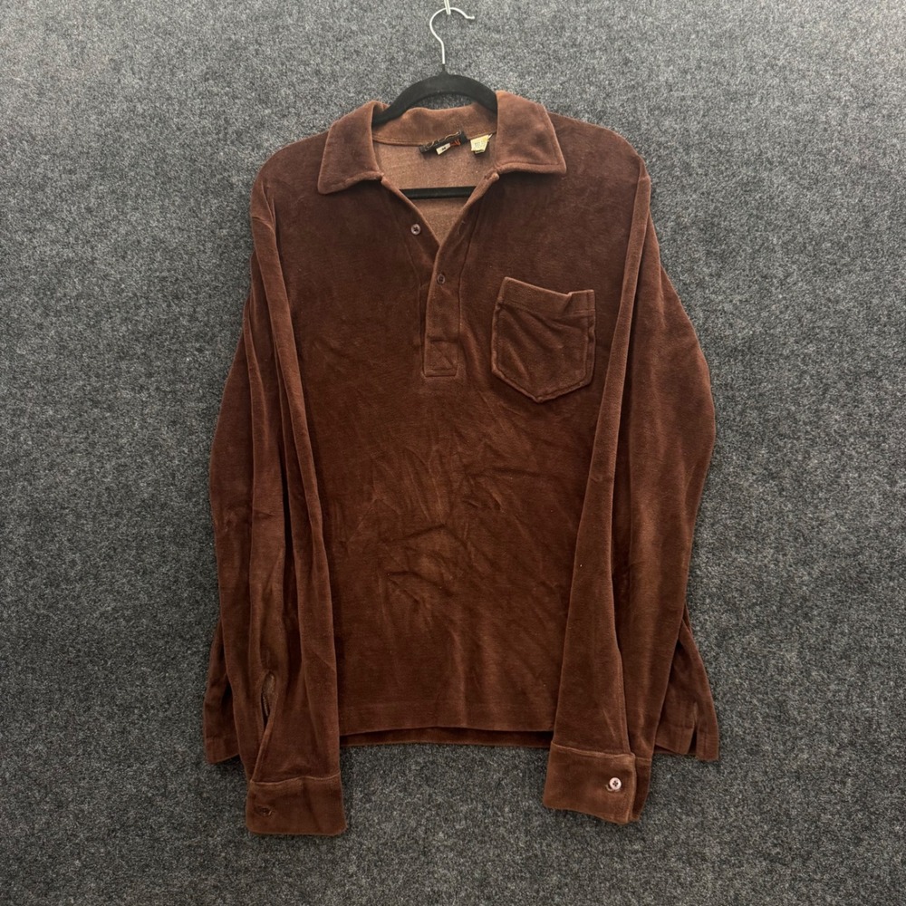 Vintage Prime Time Mens Brown Velour Polo Shirt 70s Disco Rockabilly Medium